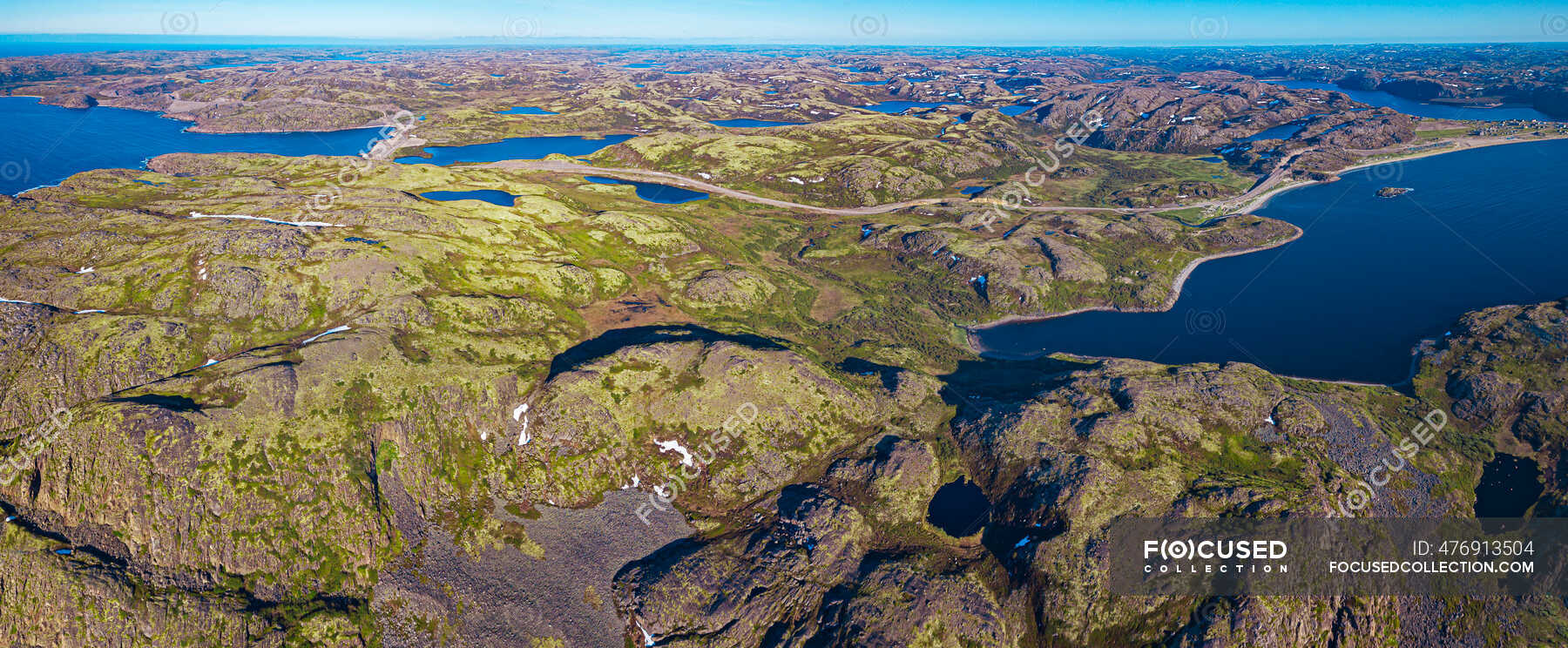 Russia, Murmansk Oblast, Teriberka, Aerial panorama of coastal