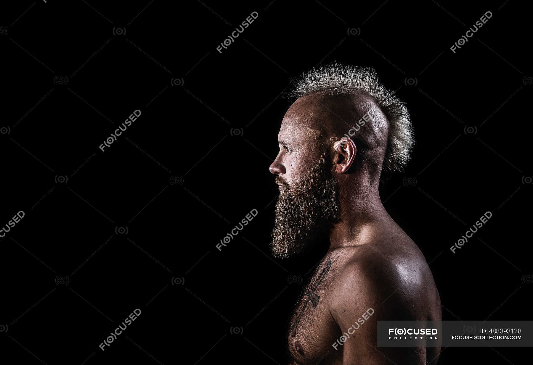 Male viking with mohawk hairstyle standing against black background — one  person, caucasian - Stock Photo | #488393128