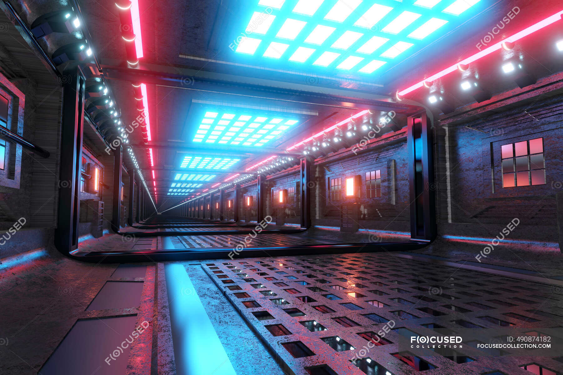 Three dimensional render of futuristic corridor inside spaceship or ...