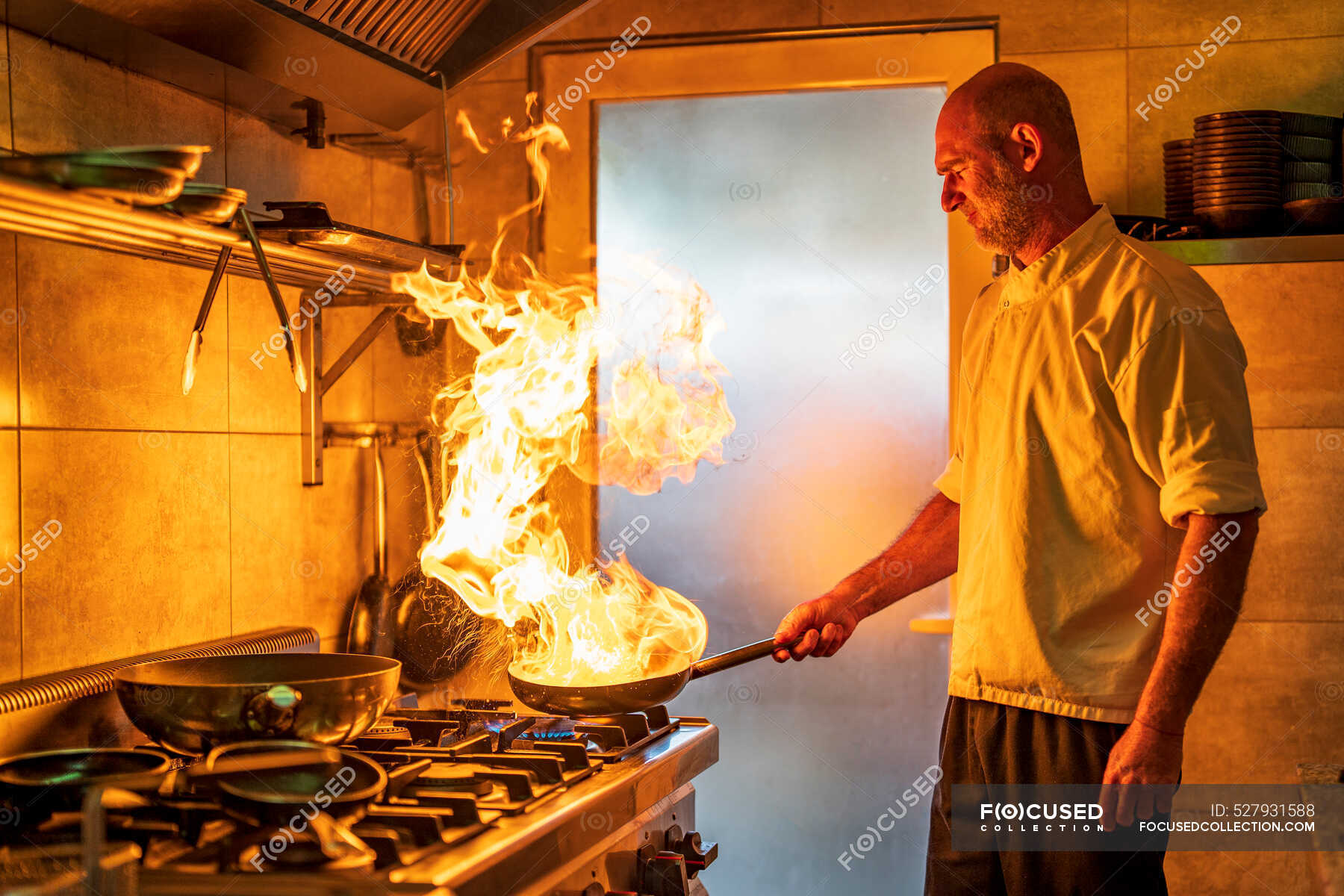 Cooking in Fatiscent Big Pan Stock Image - Image of fire, outside