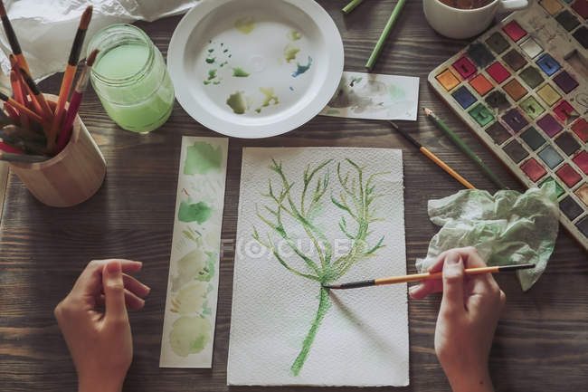 Woman painting plant with watercolors — Stock Photo