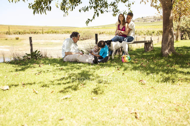 Familia extendida relajándose en el prado - foto de stock
