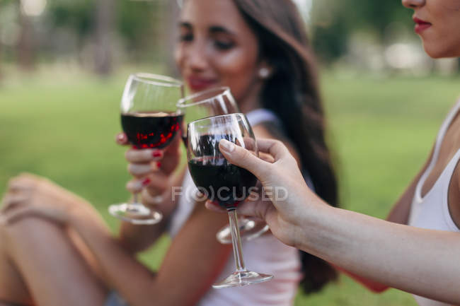 Amici clinking bicchieri di vino rosso — Foto stock