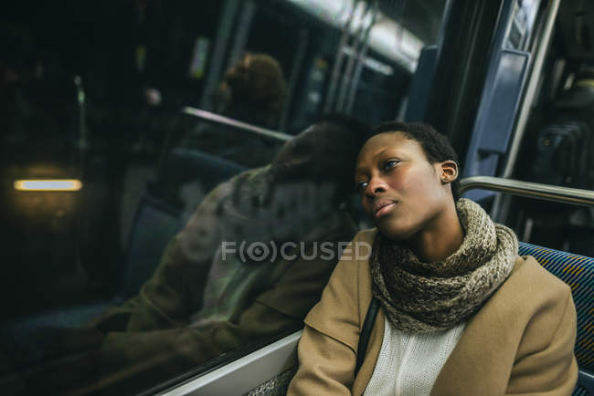 Woman in underground train — Stock Photo
