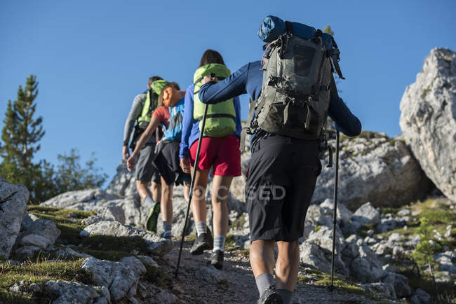 Amigos trekking en las montañas - foto de stock