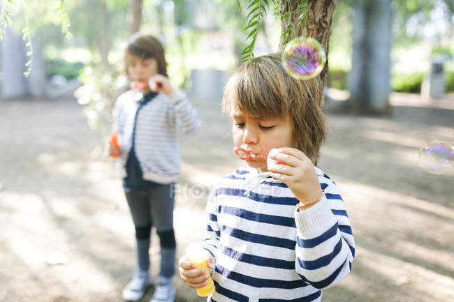 Портрет двох хлопчиків дме мильні бульбашки в парку — стокове фото