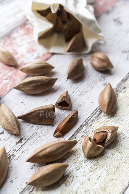 Whole and broken Pili nuts — Stock Photo