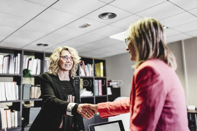 Zwei Geschäftsfrauen beim Händeschütteln im Amt — Stockfoto