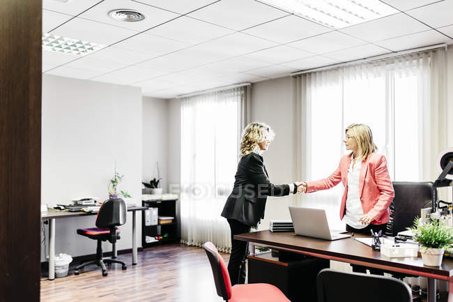 Zwei Geschäftsfrauen beim Händeschütteln im Amt — Stockfoto