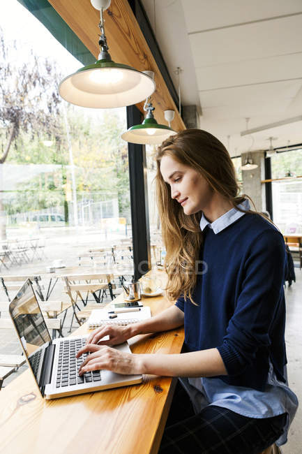 Бічний портрет молодої жінки, що використовує ноутбук у кафе — стокове фото