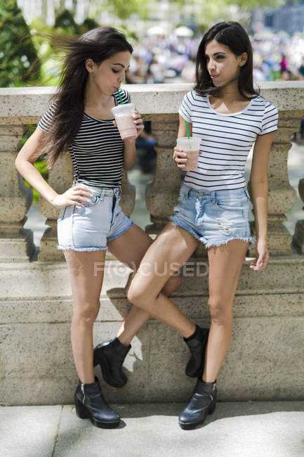 Portrait of two young women holding drinks near stone fence — Stock Photo