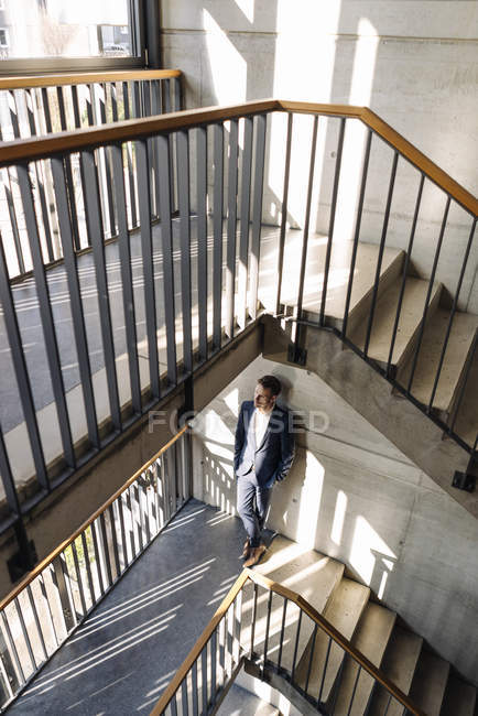 Daytime portrait of businessman standing on staircase — Stock Photo