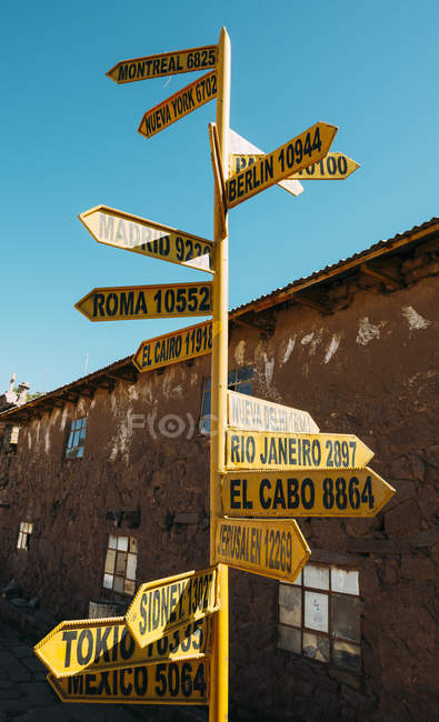 Peru, Titicaca lake, Taquile island, signpost with capital cities and distances — Stock Photo