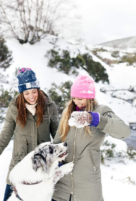 Asturias, España, dos amigos jugando con su perro en la nieve - foto de stock