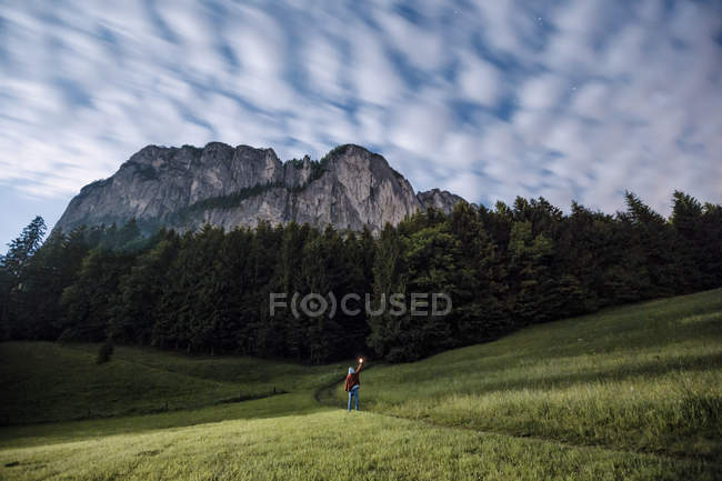 Ritratto diurno dell'uomo con fiaccola in piedi vicino alla foresta in montagna — Foto stock