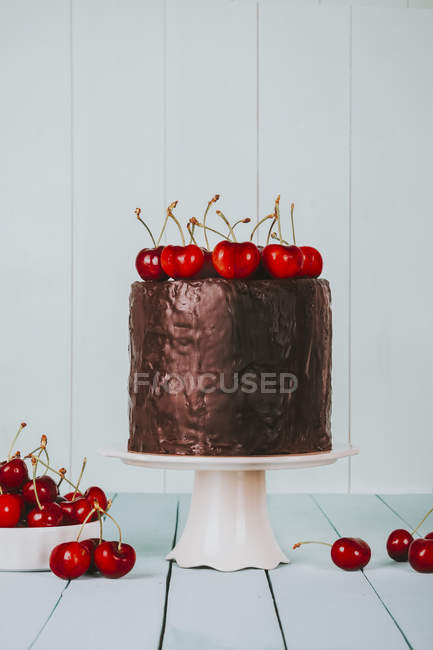 Chocolate cake decorated with fresh cherries on cake stand — Stock Photo