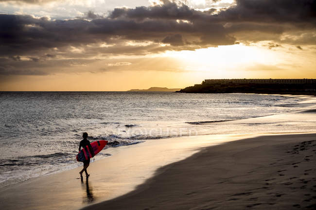 Vista distante do menino adolescente carregando prancha de surf na praia ao pôr do sol bonito — Fotografia de Stock
