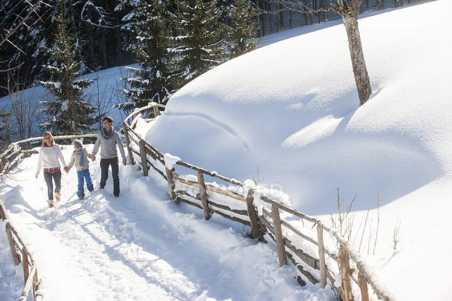 Família caminhando na neve no caminho no campo — Fotografia de Stock
