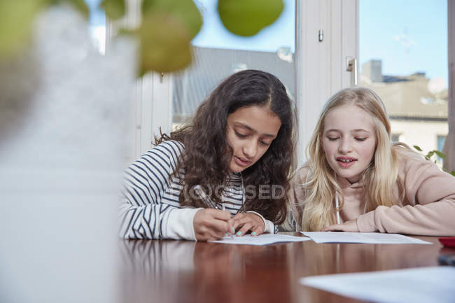 Dos chicas haciendo deberes juntas en casa - foto de stock