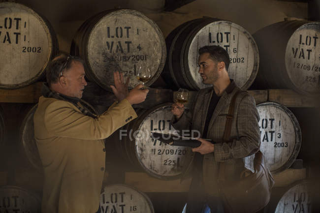 Zwei selbstbewusste Männer probieren Whisky in Brennerei — Stockfoto