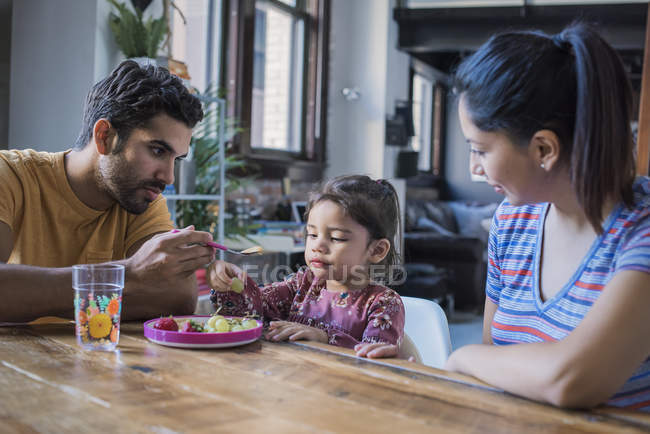 Family sitting at kitchen table, father feeding toddler daughter — Stock Photo