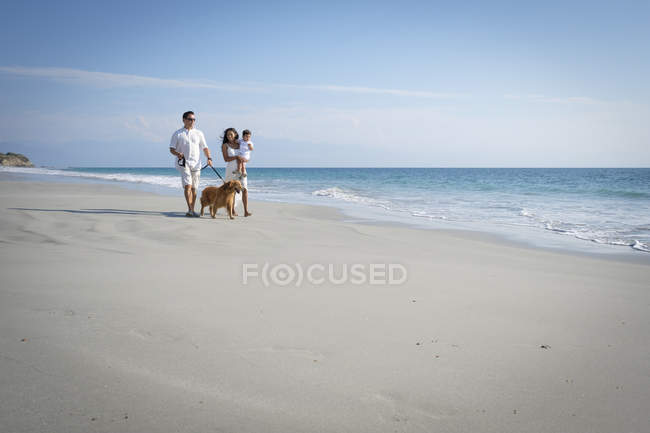 Passeggiata in famiglia sulla spiaggia sabbiosa con cane — Foto stock
