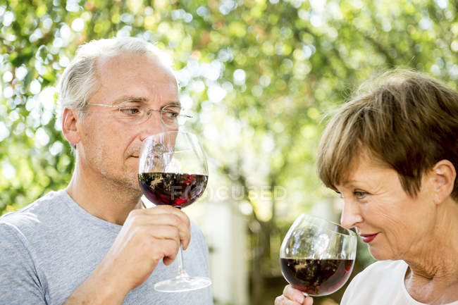 Coppia senior con bicchieri di vino rosso all'aperto — Foto stock