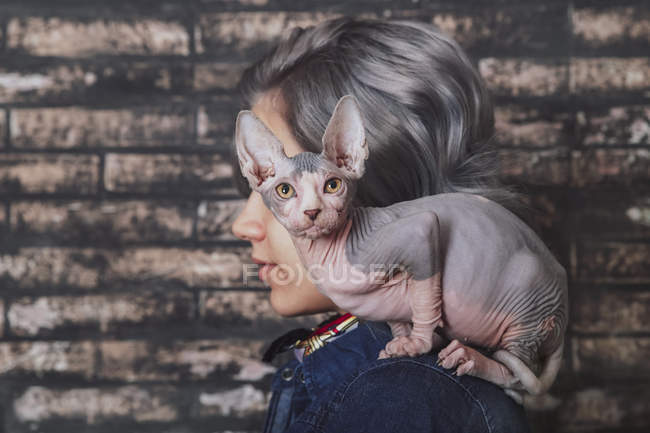 Young woman carrying Sphynx cat on shoulder — Stock Photo
