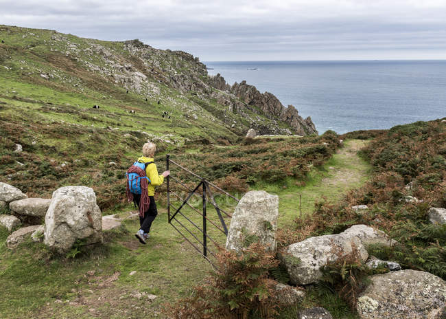 Reino Unido, Cornwall, mujer en la ruta de escalada Commando Ridge - foto de stock
