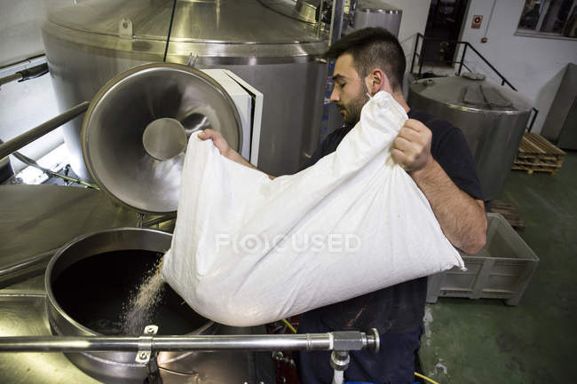 Hombre vertiendo una bolsa de malta en un tanque de cerveza en una fábrica - foto de stock