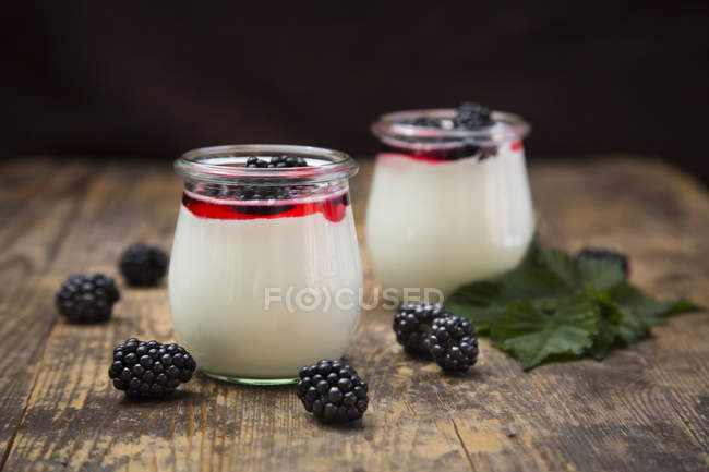 Deux verres de yaourt naturel avec sirop et mûres — Photo de stock