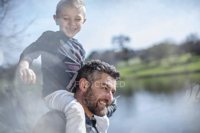 Отец носит сына на плечах в парке — стоковое фото