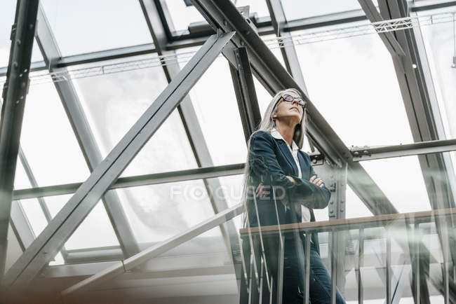 Frau mit langen grauen Haaren steht auf Dachboden — Stockfoto