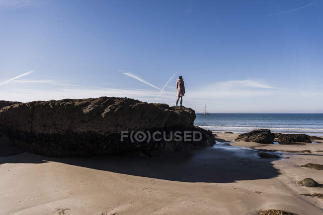 Rear view of teenage girl standing on rock at the beach — Stock Photo