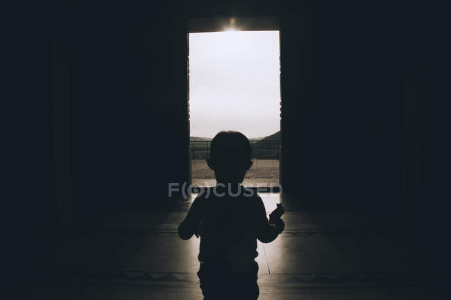 Силуэт мальчика, идущего к выходу из дома — стоковое фото