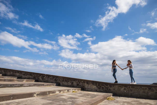 Zwei Freundinnen gehen Hand in Hand auf Wand — Stockfoto