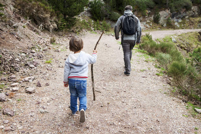 Caminhadas de pai e filho no caminho rural — Fotografia de Stock