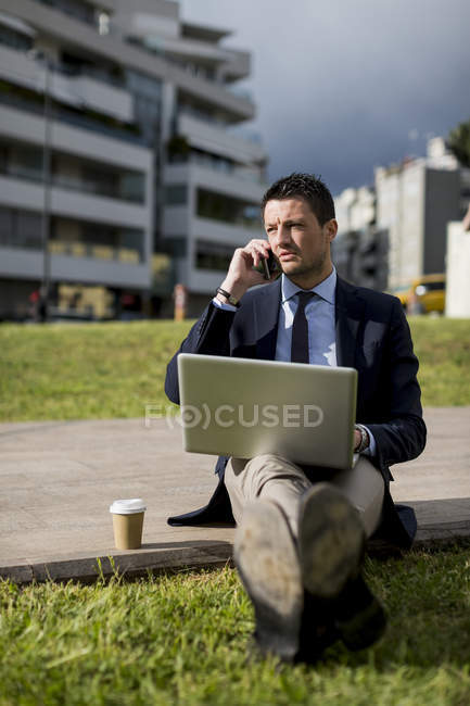 Businessman sitting on meadow with laptop — Stock Photo