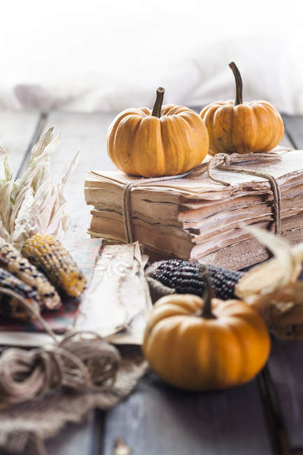 Autumnal decoration with pumpkins, paper pile and corncobs — Stock Photo