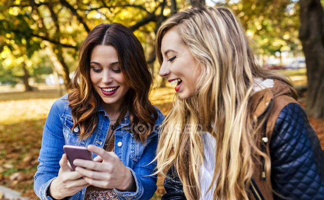 Две лучшие подруги, использующие смартфон в парке осенью — стоковое фото