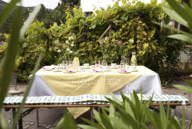 Laid table in garden, decorated for a birthday party — Stock Photo