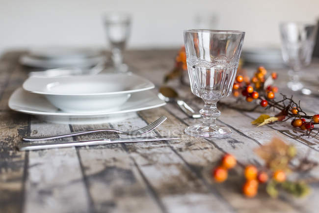 Copa de vino vacía en la mesa decorada otoñal - foto de stock