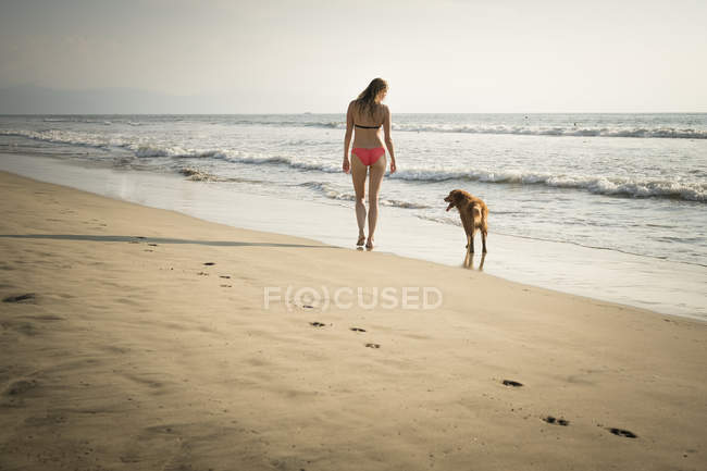 Woman walking with dog at the beach — Stock Photo