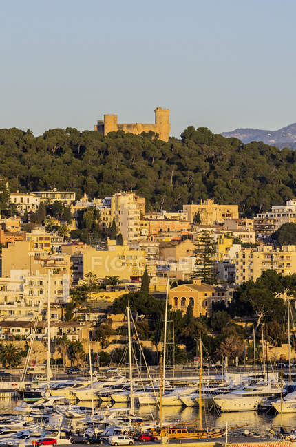 Испания, Балеарские острова, Озил, Пальма-де-Майорка, замок Бельвер и гавань — стоковое фото