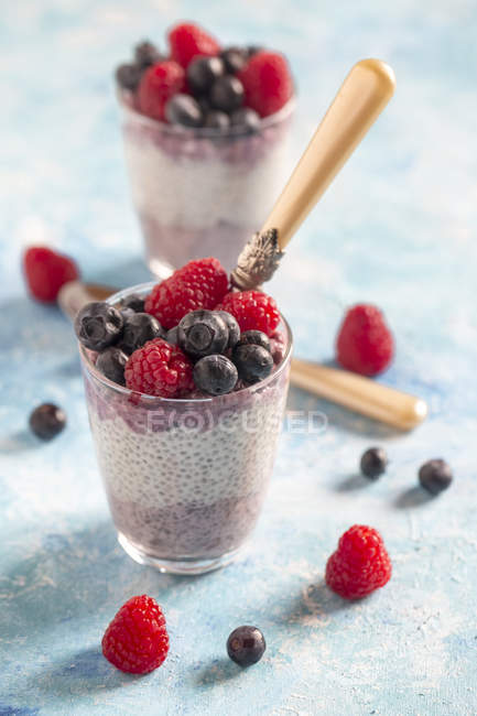 Two glasses of chia puddings with blueberries and raspberries — Stock Photo