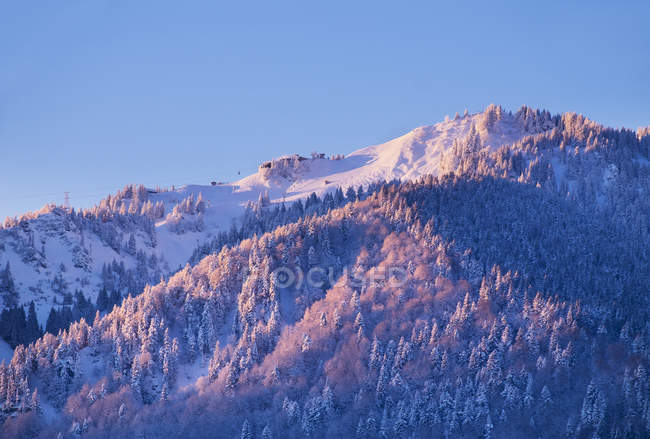 Aussichtsreicher Blick auf Brauneck in der Morgendämmerung, Langgries, Oberbayern, Deutschland — Stockfoto