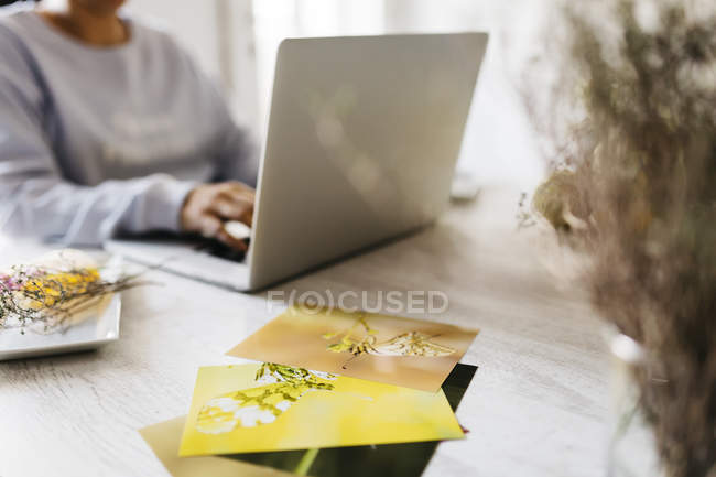 Mujer usando laptop, trabajando desde casa - foto de stock