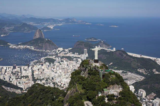 Brazil Aerial View Of Rio De Janeiro Corcovado Mountain With Statue Of Christ The Redeemer Outdoor Sculpture Stock Photo