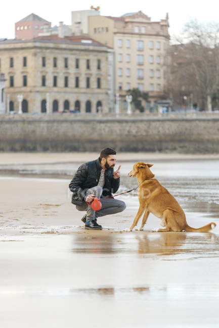 Spagna, Gijon, uomo che parla con il suo cane sulla spiaggia — Foto stock
