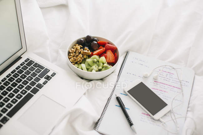 Ноутбук, блокнот, чаша с фруктами и смартфон с наушниками на одеяле — стоковое фото